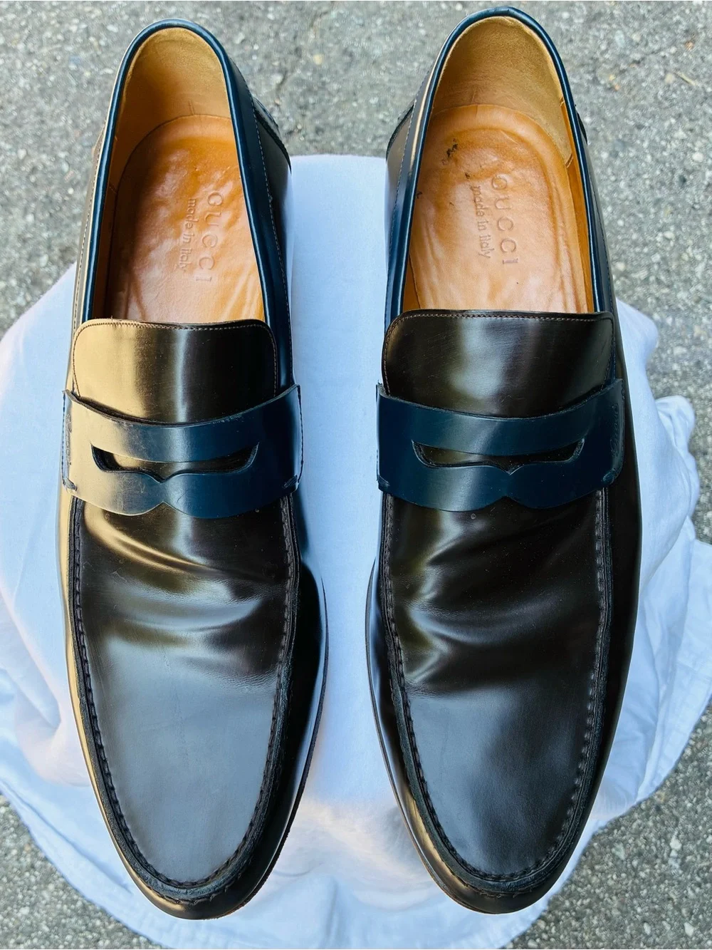 Gucci Men’s Chestnut & Navy Two-tone Penny Loafers, size 13